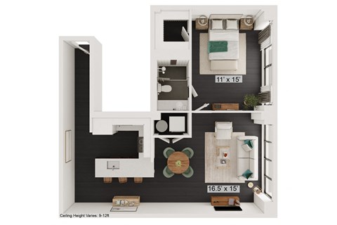 Floor plan for 1 bed, 1 bath, 791 sqft